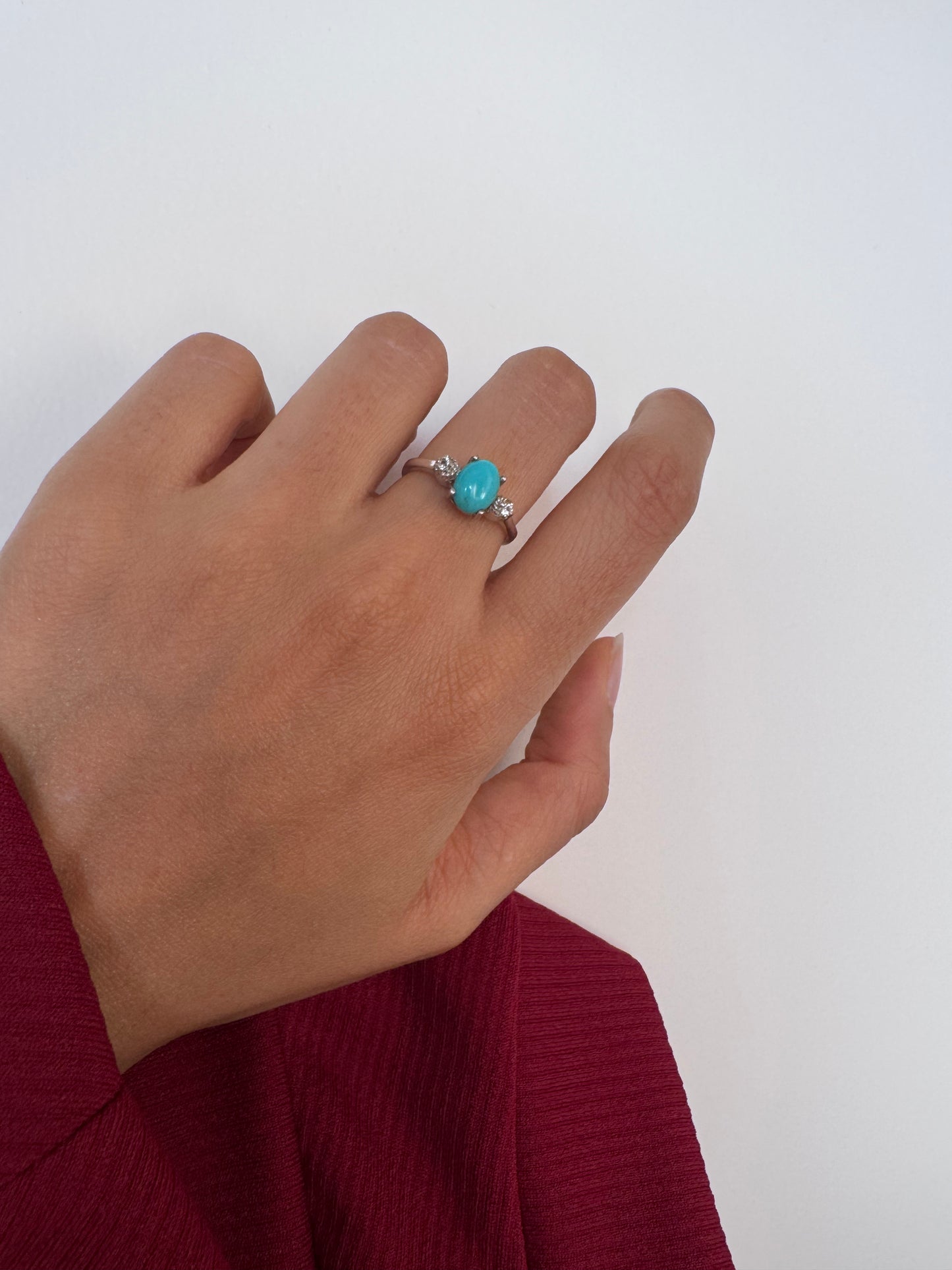 Turquoise Cab Oval Shape Ring with White Topaz Round Genuine Gemstone in 925 Sterling Silver