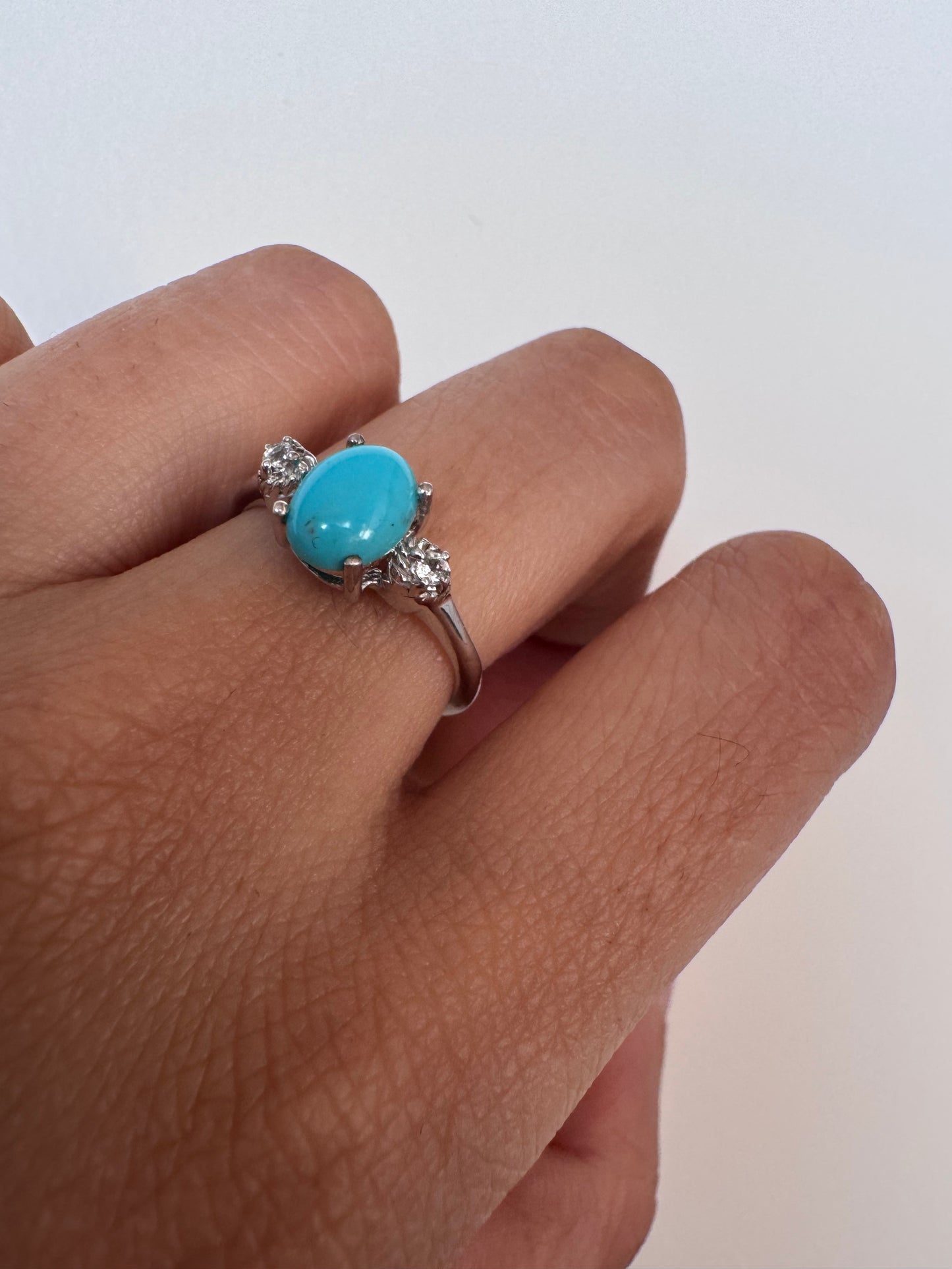 Turquoise Cab Oval Shape Ring with White Topaz Round Genuine Gemstone in 925 Sterling Silver