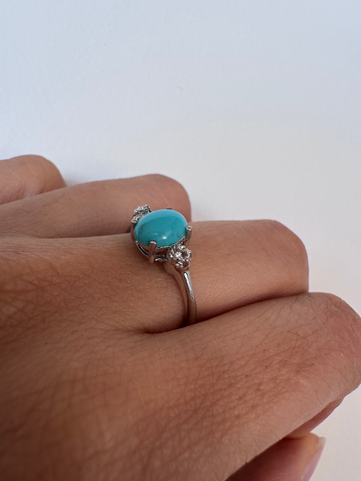 Turquoise Cab Oval Shape Ring with White Topaz Round Genuine Gemstone in 925 Sterling Silver