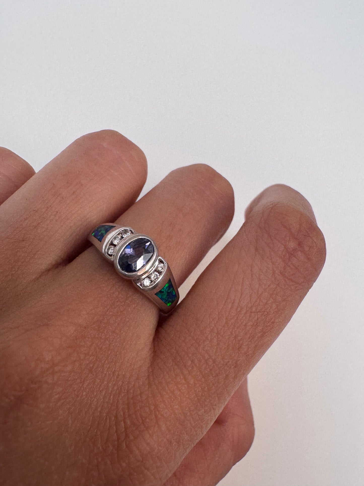 Tanzanite Simulated Oval Shape Ring with White Topaz Round Genuine Gemstone in 925 Sterling Silver