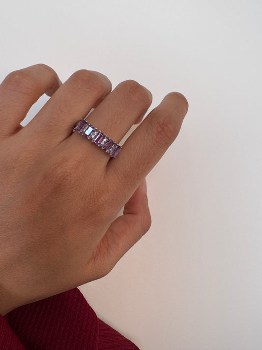 Amethyst Octagon Shape Ring with White Natural Zircon Round Genuine Gemstone in 925 Sterling Silver