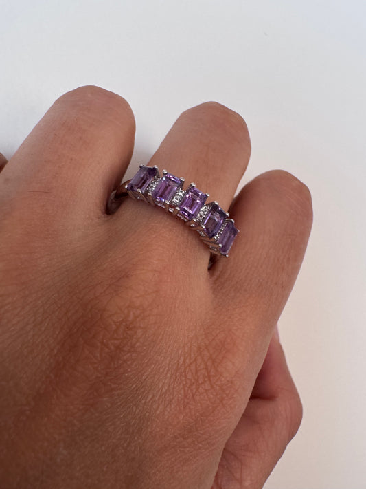 Amethyst Octagon Shape Ring with White Natural Zircon Round Genuine Gemstone in 925 Sterling Silver