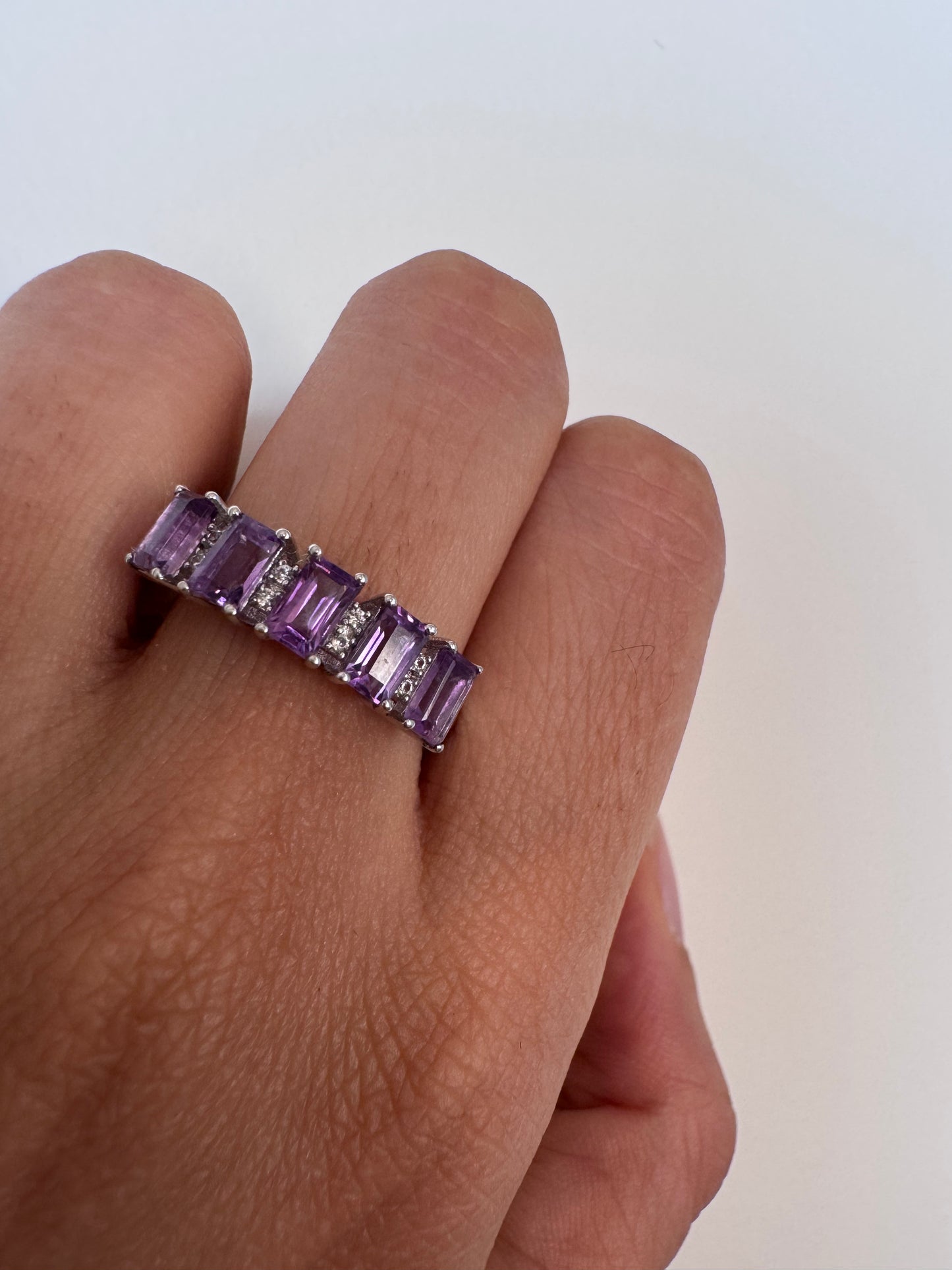 Amethyst Octagon Shape Ring with White Natural Zircon Round Genuine Gemstone in 925 Sterling Silver