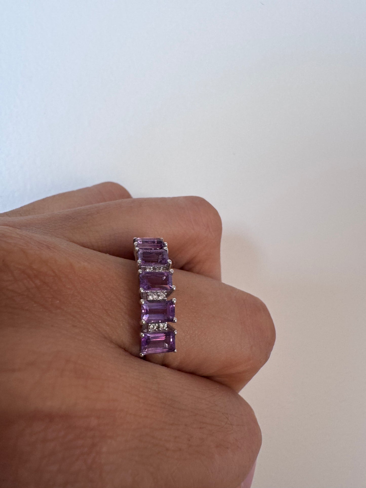 Amethyst Octagon Shape Ring with White Natural Zircon Round Genuine Gemstone in 925 Sterling Silver