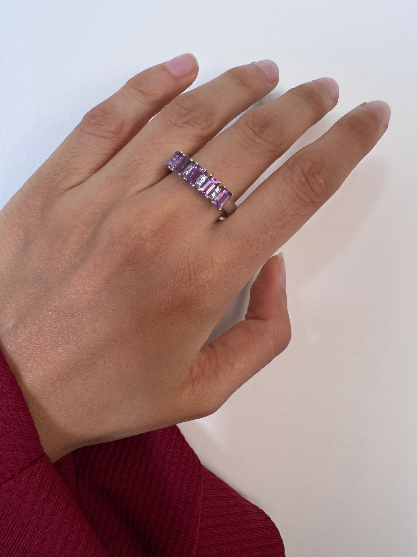 Amethyst Octagon Shape Ring with White Natural Zircon Round Genuine Gemstone in 925 Sterling Silver