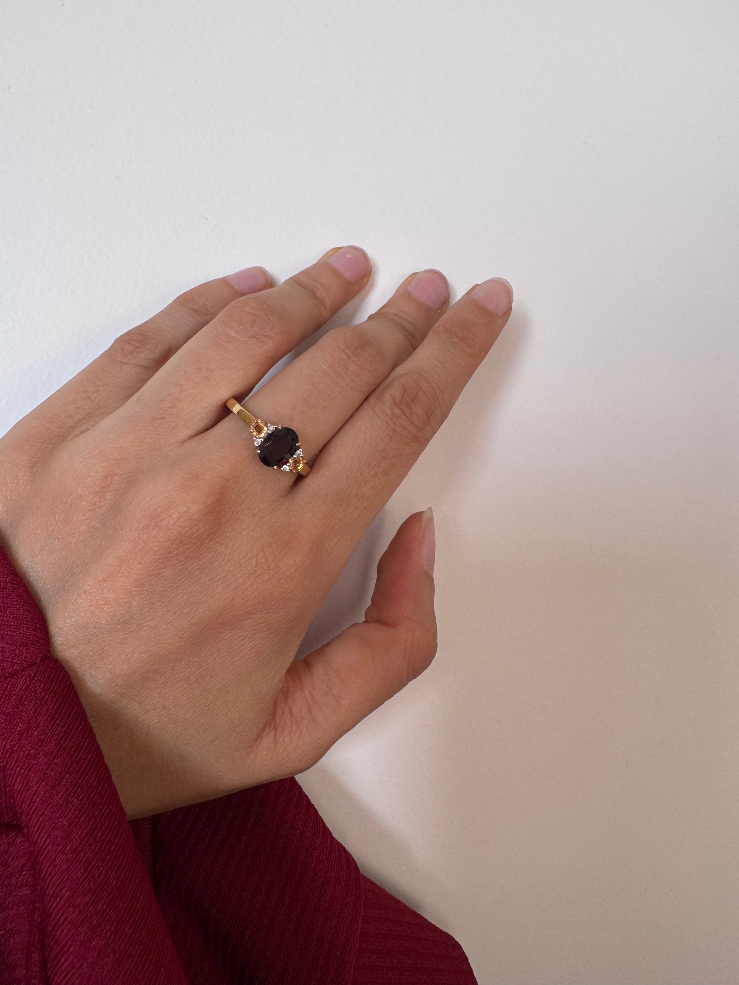 Red Garnet Oval Shape Ring with Chrome Diopside & White Topaz Round Genuine Gemstone in 925 Sterling Silver