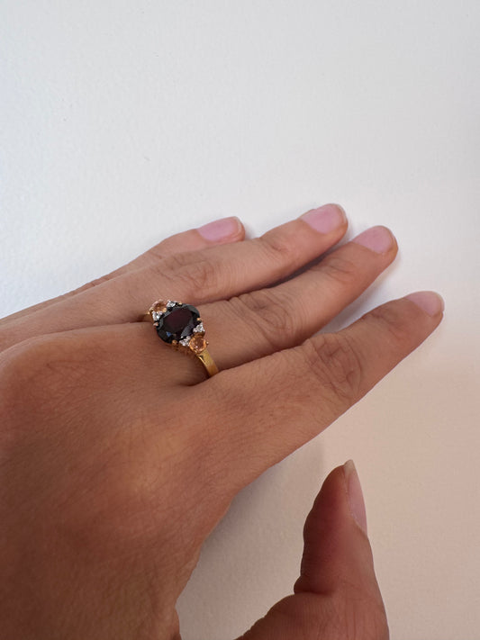 Red Garnet Oval Shape Ring with Chrome Diopside & White Topaz Round Genuine Gemstone in 925 Sterling Silver