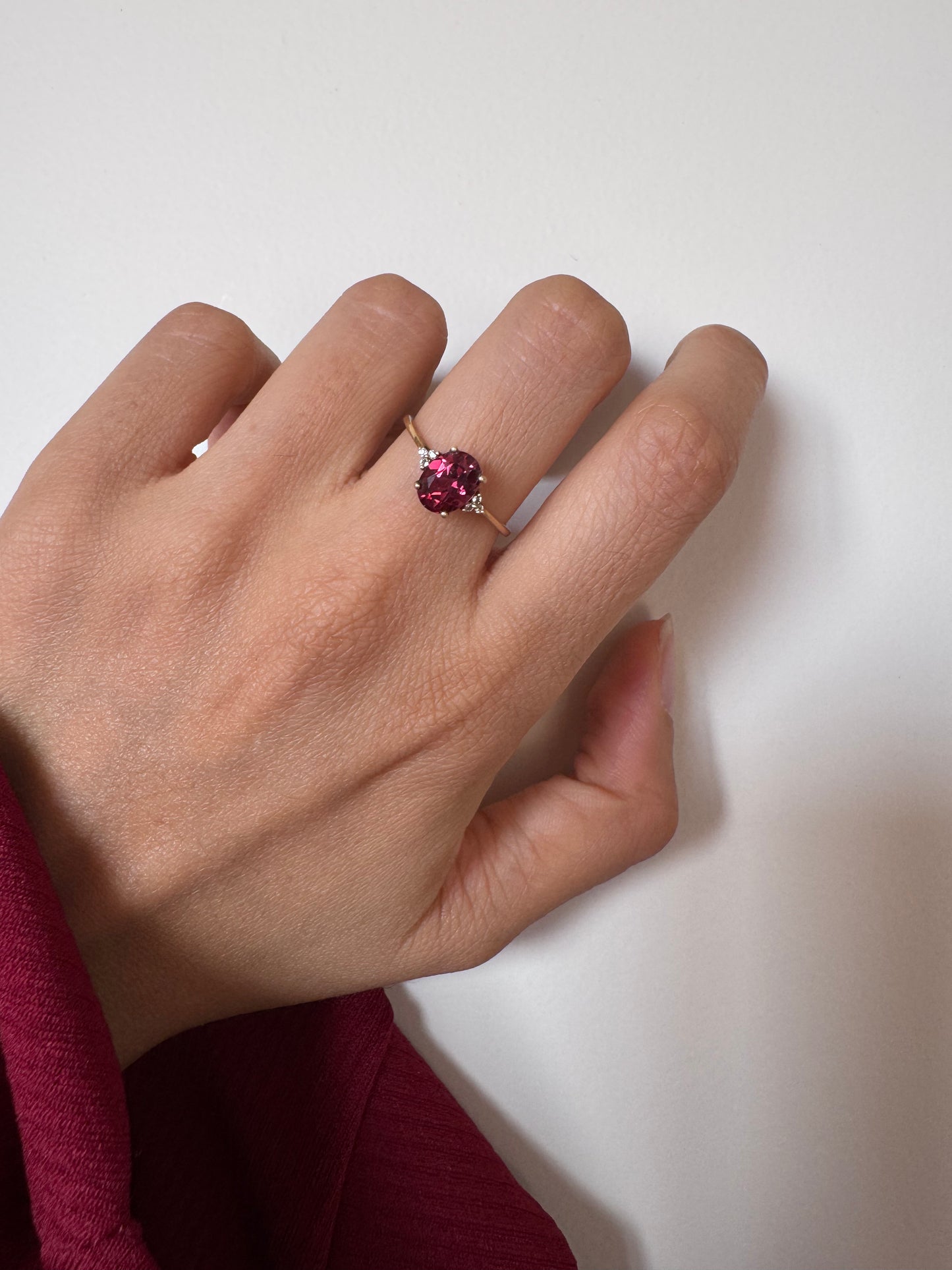 Rhodolite Oval Shape Ring with White Natural Zircon Round Genuine Gemstone in 925 Sterling Silver