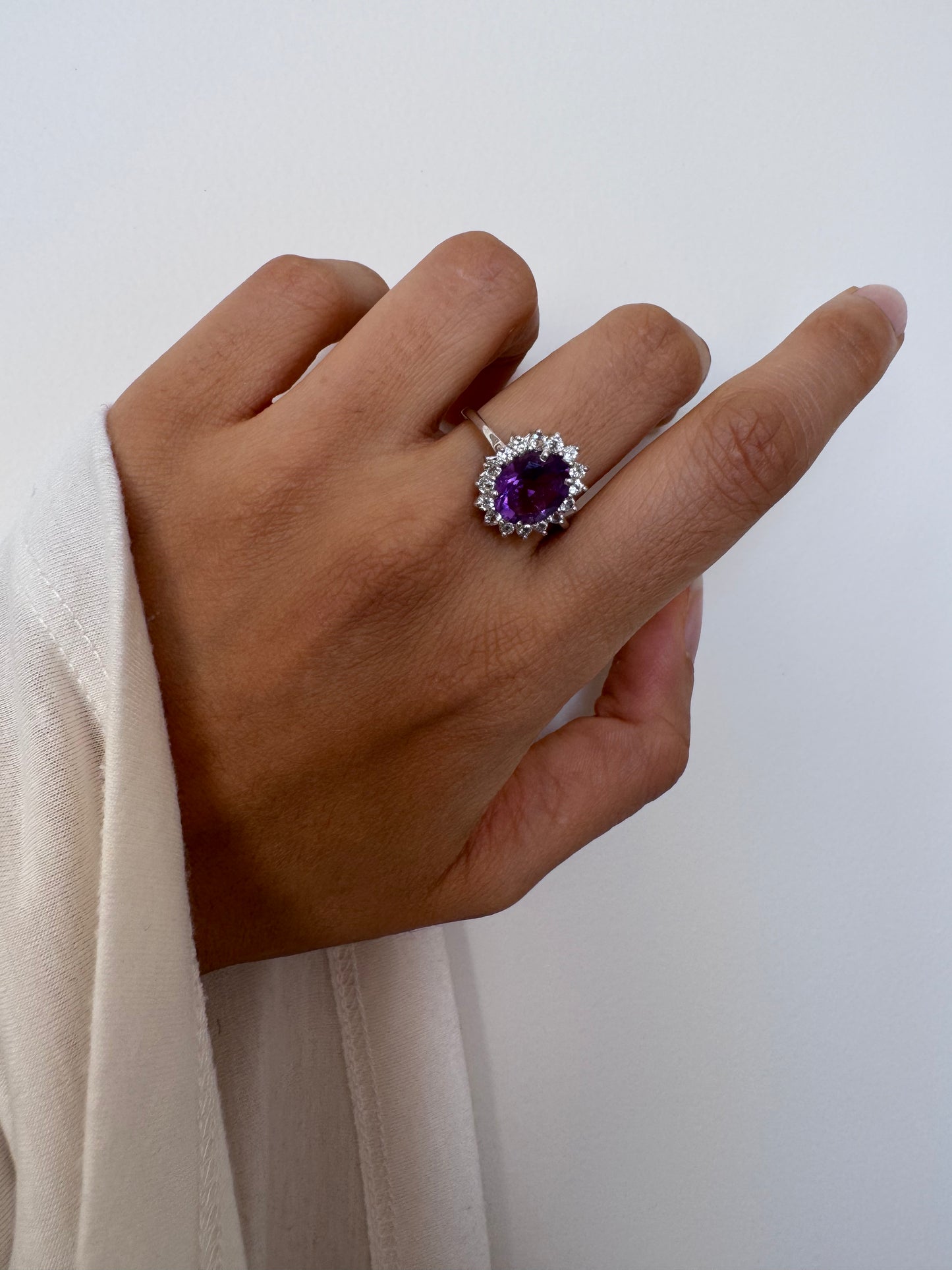 Amethyst Oval Shape Ring with White Natural Zircon Round Genuine Gemstone in 925 Sterling Silver