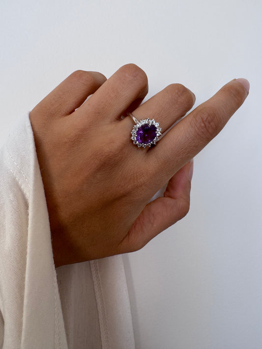 Amethyst Oval Shape Ring with White Natural Zircon Round Genuine Gemstone in 925 Sterling Silver