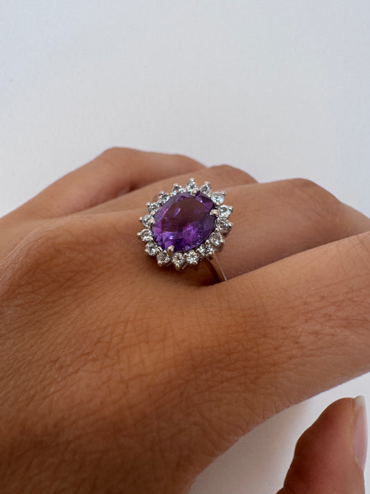 Amethyst Oval Shape Ring with White Natural Zircon Round Genuine Gemstone in 925 Sterling Silver