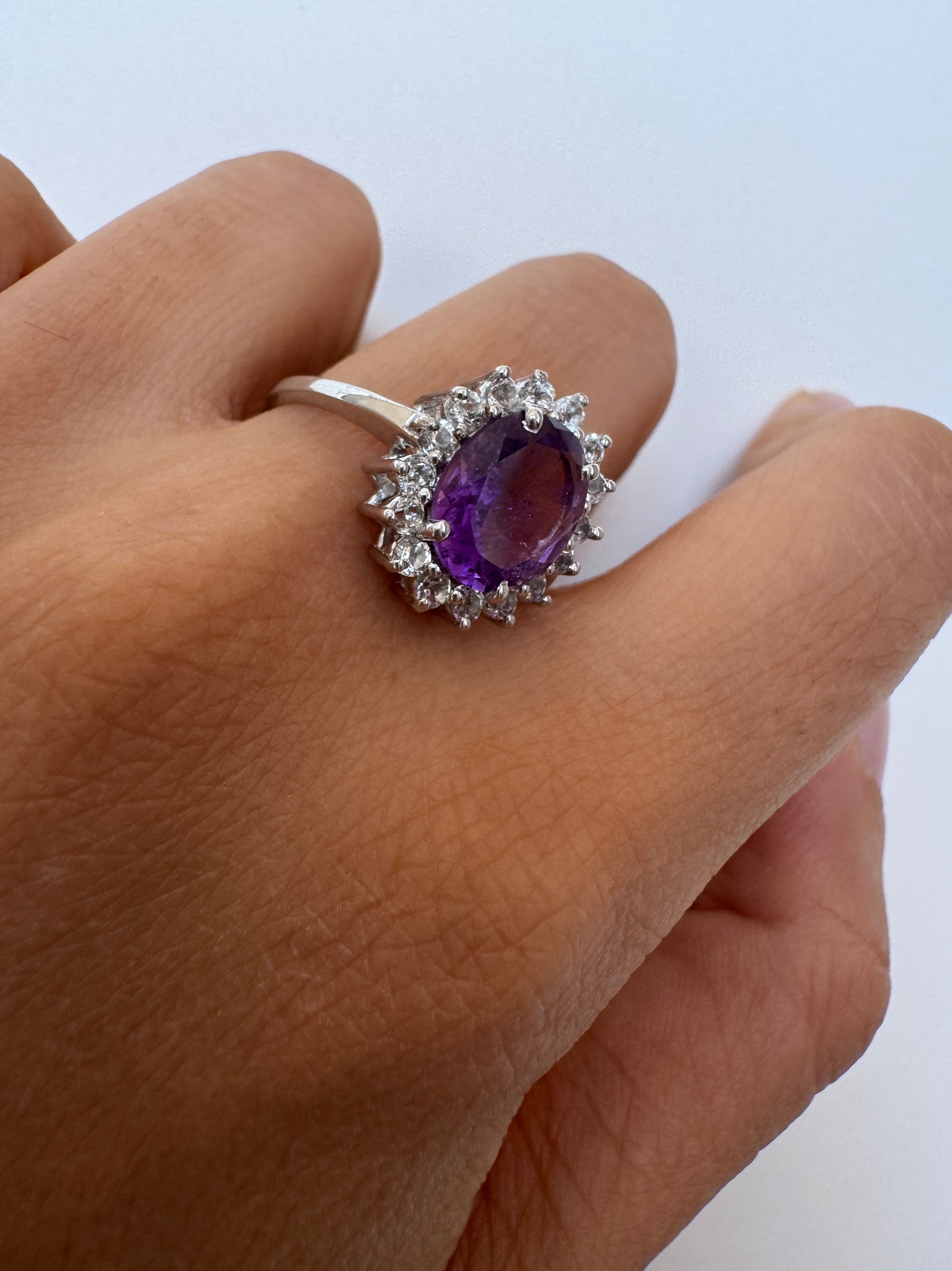 Amethyst Oval Shape Ring with White Natural Zircon Round Genuine Gemstone in 925 Sterling Silver