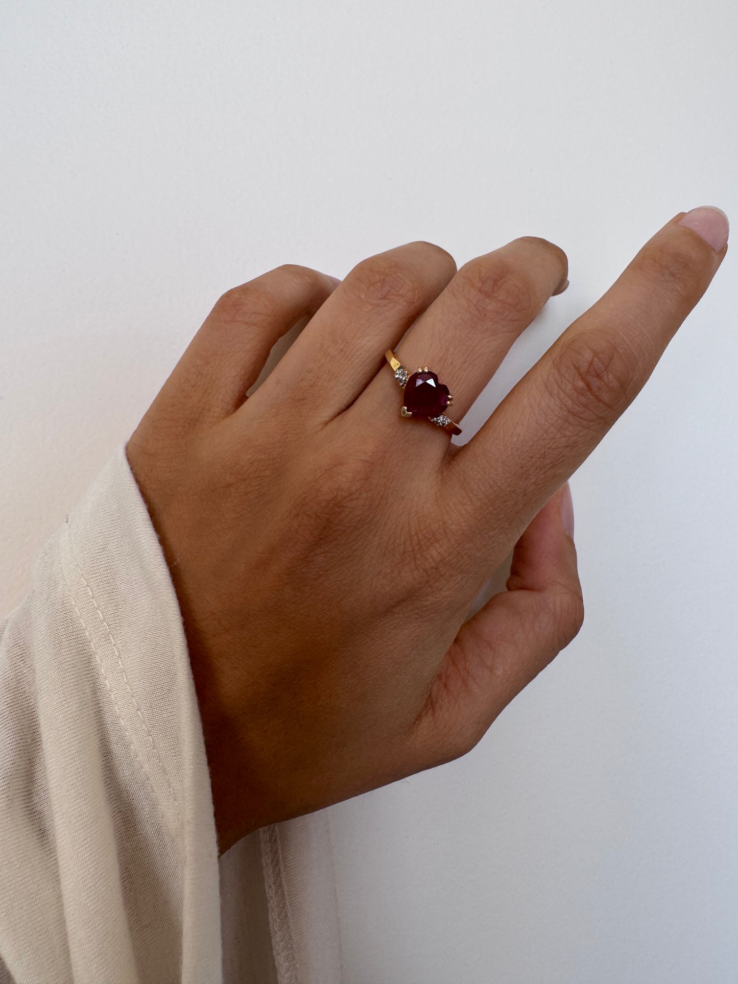 Glass Filled Ruby Heart Shape Ring with White Topaz Round Genuine Gemstone in 925 Sterling Silver