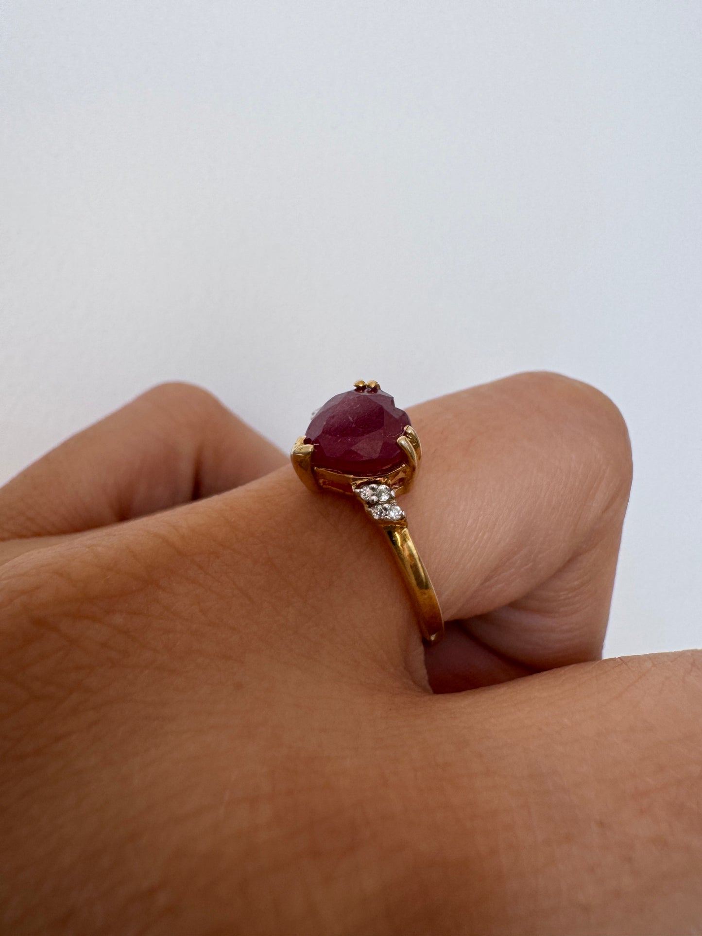 Glass Filled Ruby Heart Shape Ring with White Topaz Round Genuine Gemstone in 925 Sterling Silver