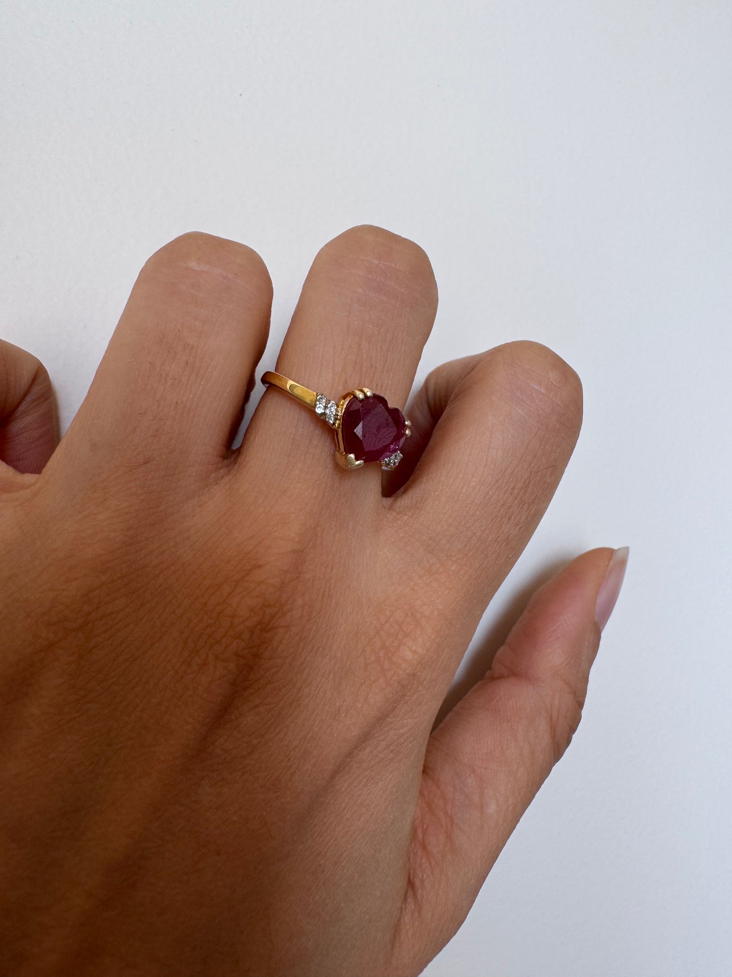 Glass Filled Ruby Heart Shape Ring with White Topaz Round Genuine Gemstone in 925 Sterling Silver