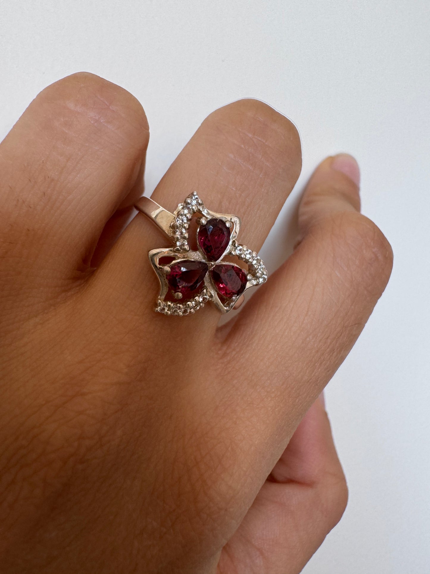 Rhodolite Pear Shape Ring with White Natural Zircon Round Genuine Gemstone in 925 Sterling Silver