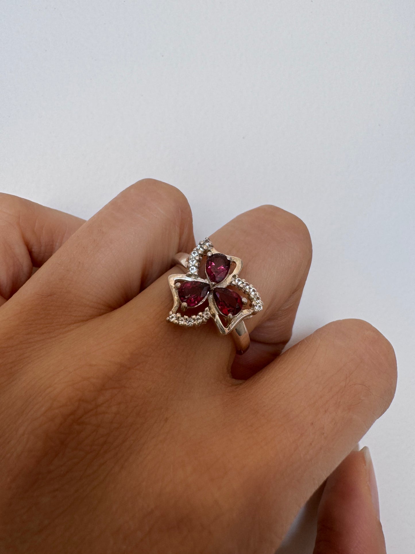 Rhodolite Pear Shape Ring with White Natural Zircon Round Genuine Gemstone in 925 Sterling Silver