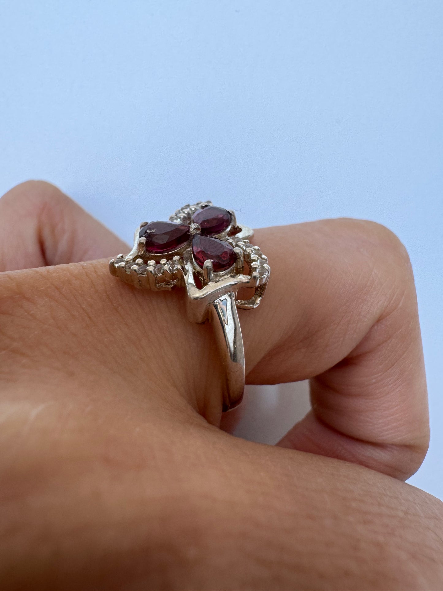 Rhodolite Pear Shape Ring with White Natural Zircon Round Genuine Gemstone in 925 Sterling Silver