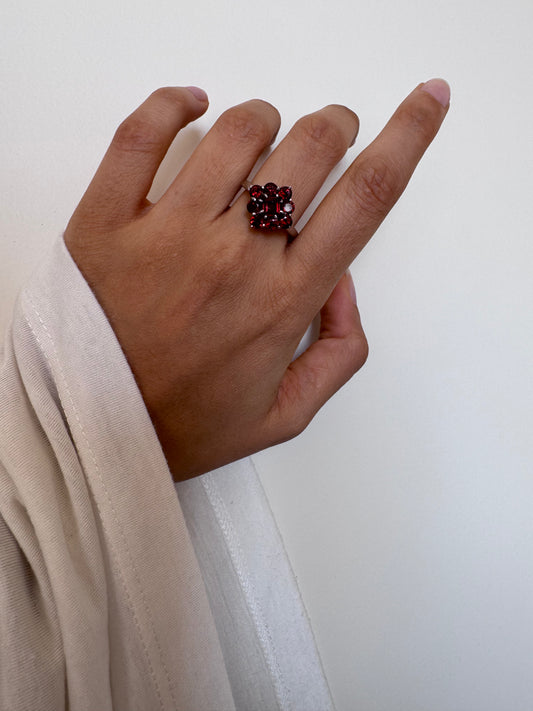 Red Garnet Square with Round Shape Ring Genuine Gemstone in 925 Sterling Silver