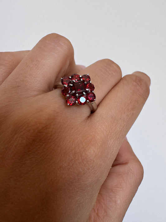 Red Garnet Square with Round Shape Ring Genuine Gemstone in 925 Sterling Silver