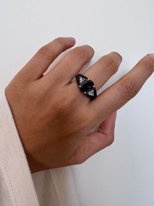 Black Spinel Rose Cut Oval & Round Shape Ring with White Topaz Round Genuine Gemstone in 925 Sterling Silver