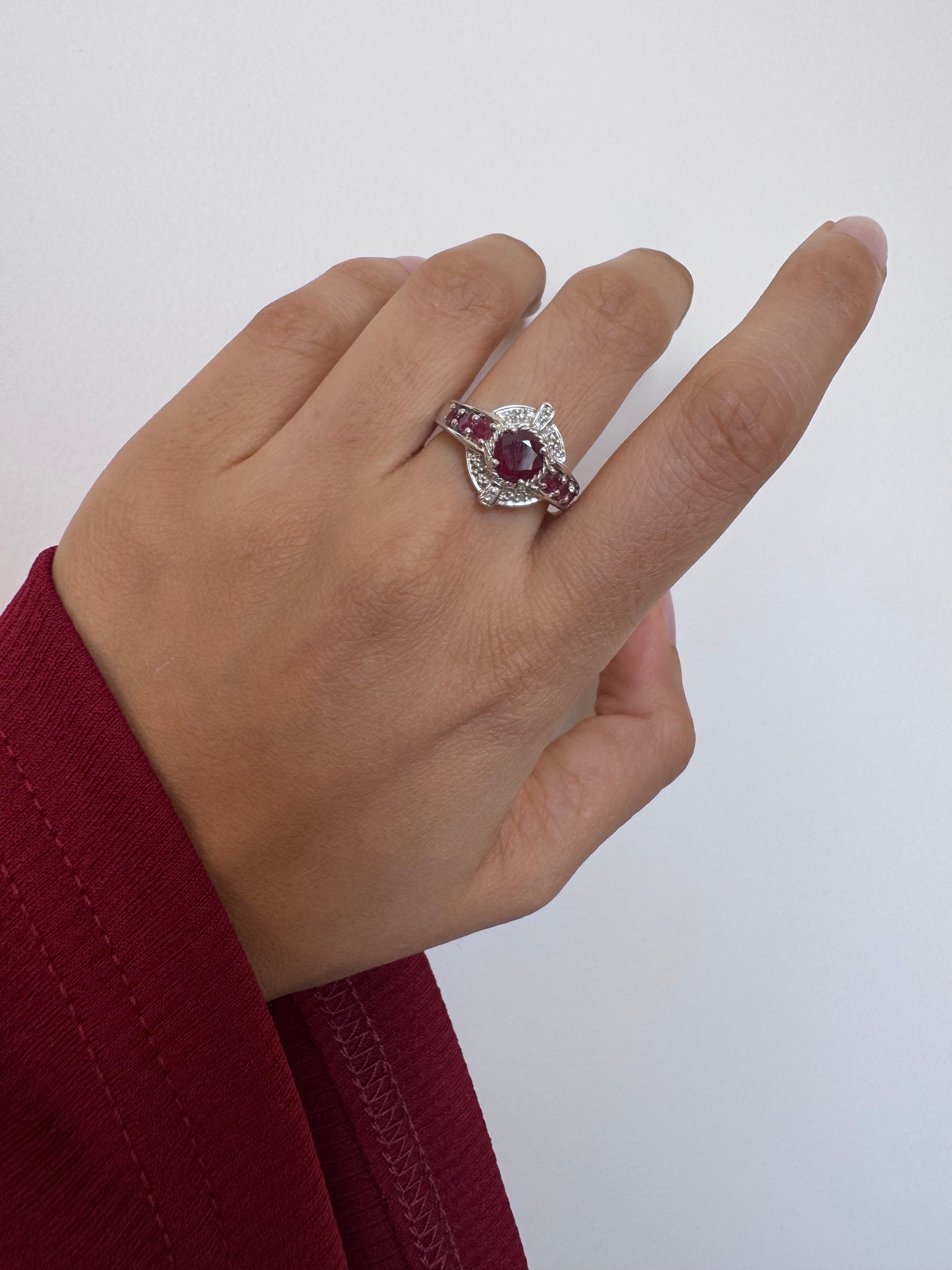 Ruby Round Shape Ring with Diamond Round Shape Genuine Gemstone in 925 Sterling Silver