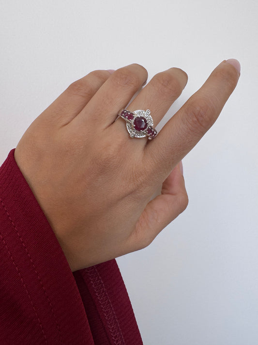 Ruby Round Shape Ring with Diamond Round Shape Genuine Gemstone in 925 Sterling Silver