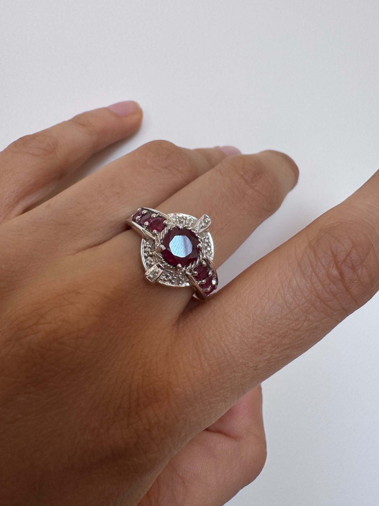 Ruby Round Shape Ring with Diamond Round Shape Genuine Gemstone in 925 Sterling Silver