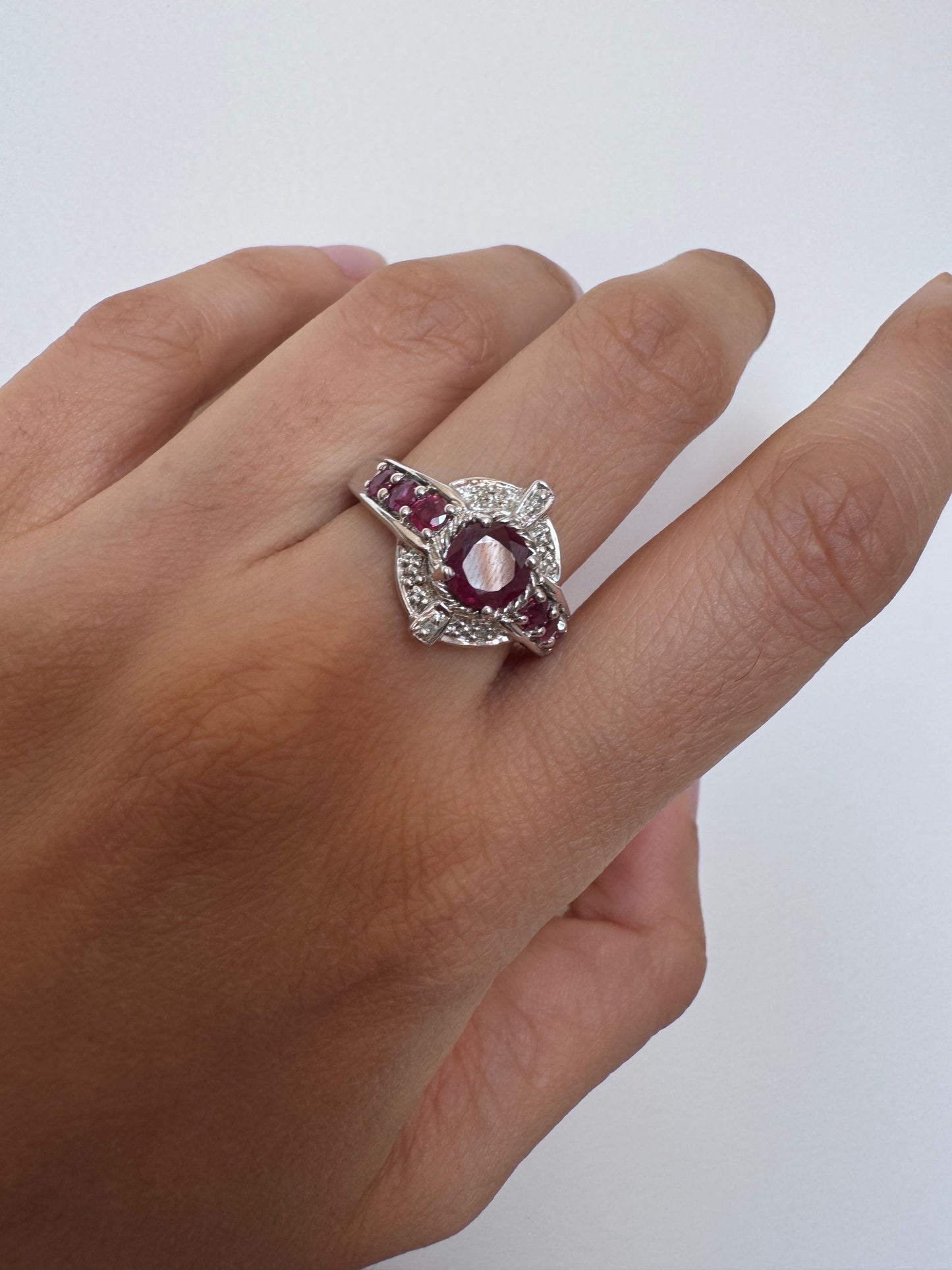 Ruby Round Shape Ring with Diamond Round Shape Genuine Gemstone in 925 Sterling Silver