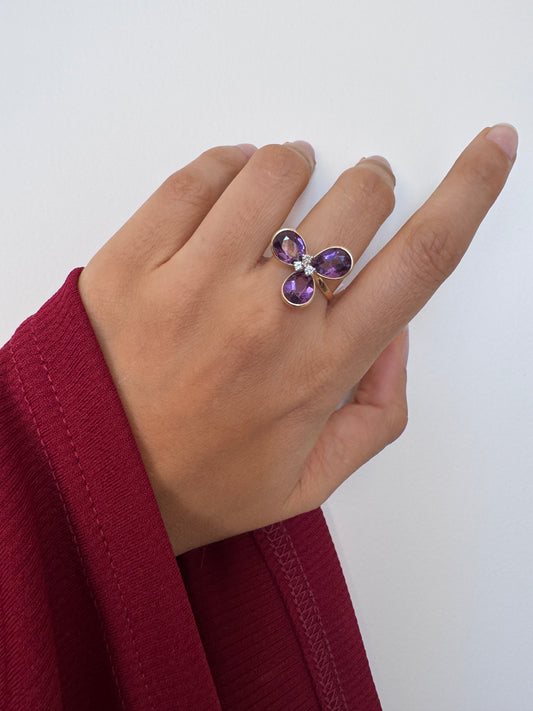 Amethyst Pear Shape Ring with White Topaz Round Genuine Gemstone in 925 Sterling Silver