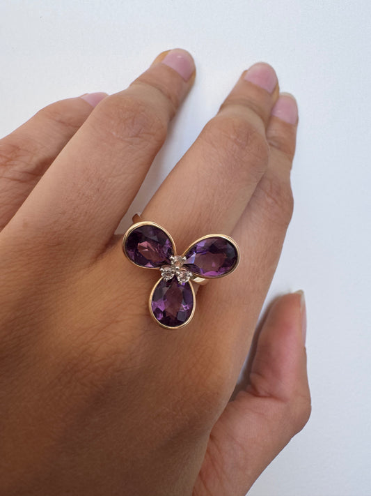 Amethyst Pear Shape Ring with White Topaz Round Genuine Gemstone in 925 Sterling Silver