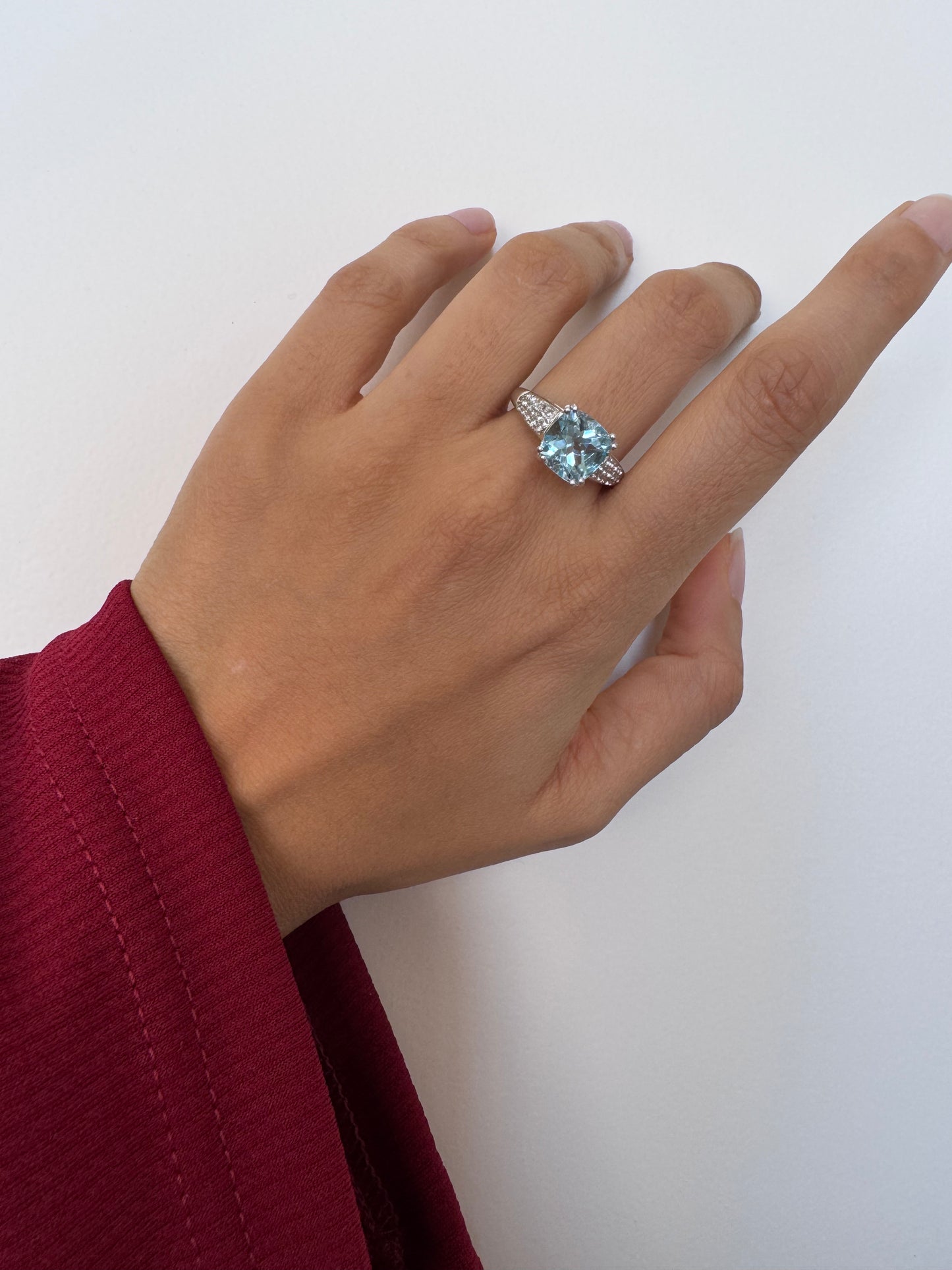 Sky Blue Topaz Cushion Shape Ring with White Topaz Round Genuine Gemstone in 925 Sterling Silver