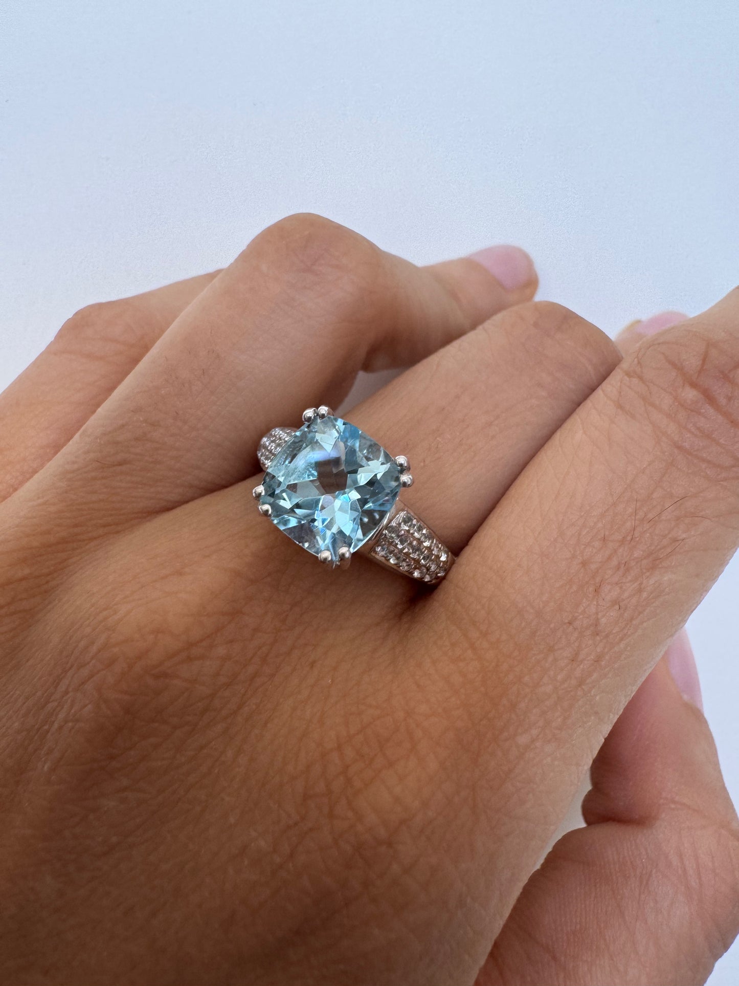 Sky Blue Topaz Cushion Shape Ring with White Topaz Round Genuine Gemstone in 925 Sterling Silver