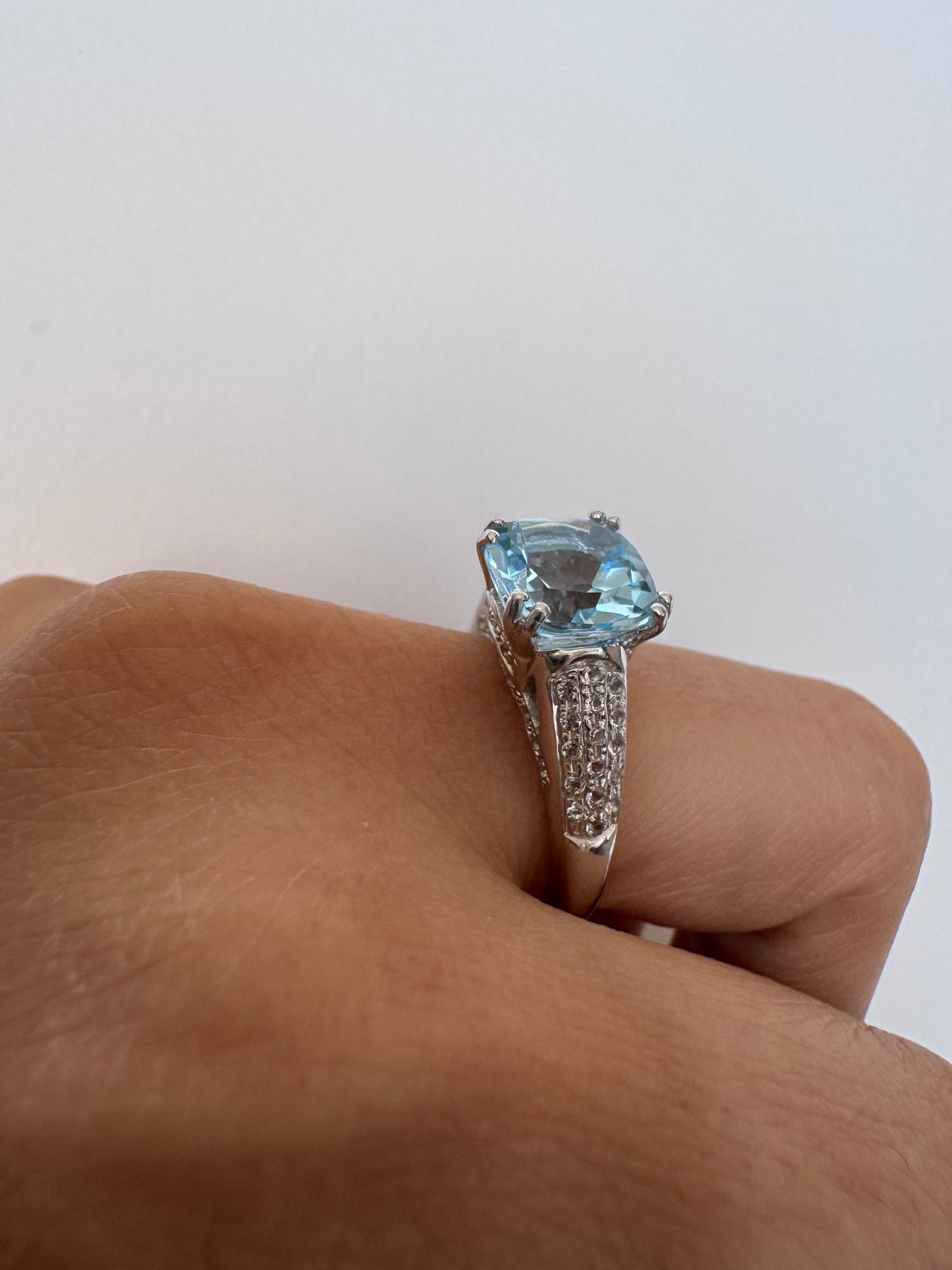 Sky Blue Topaz Cushion Shape Ring with White Topaz Round Genuine Gemstone in 925 Sterling Silver