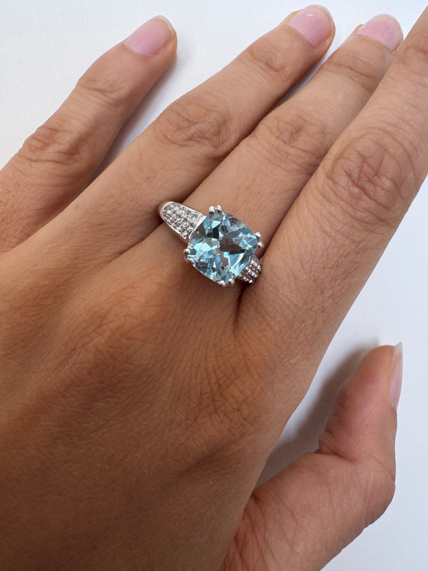 Sky Blue Topaz Cushion Shape Ring with White Topaz Round Genuine Gemstone in 925 Sterling Silver