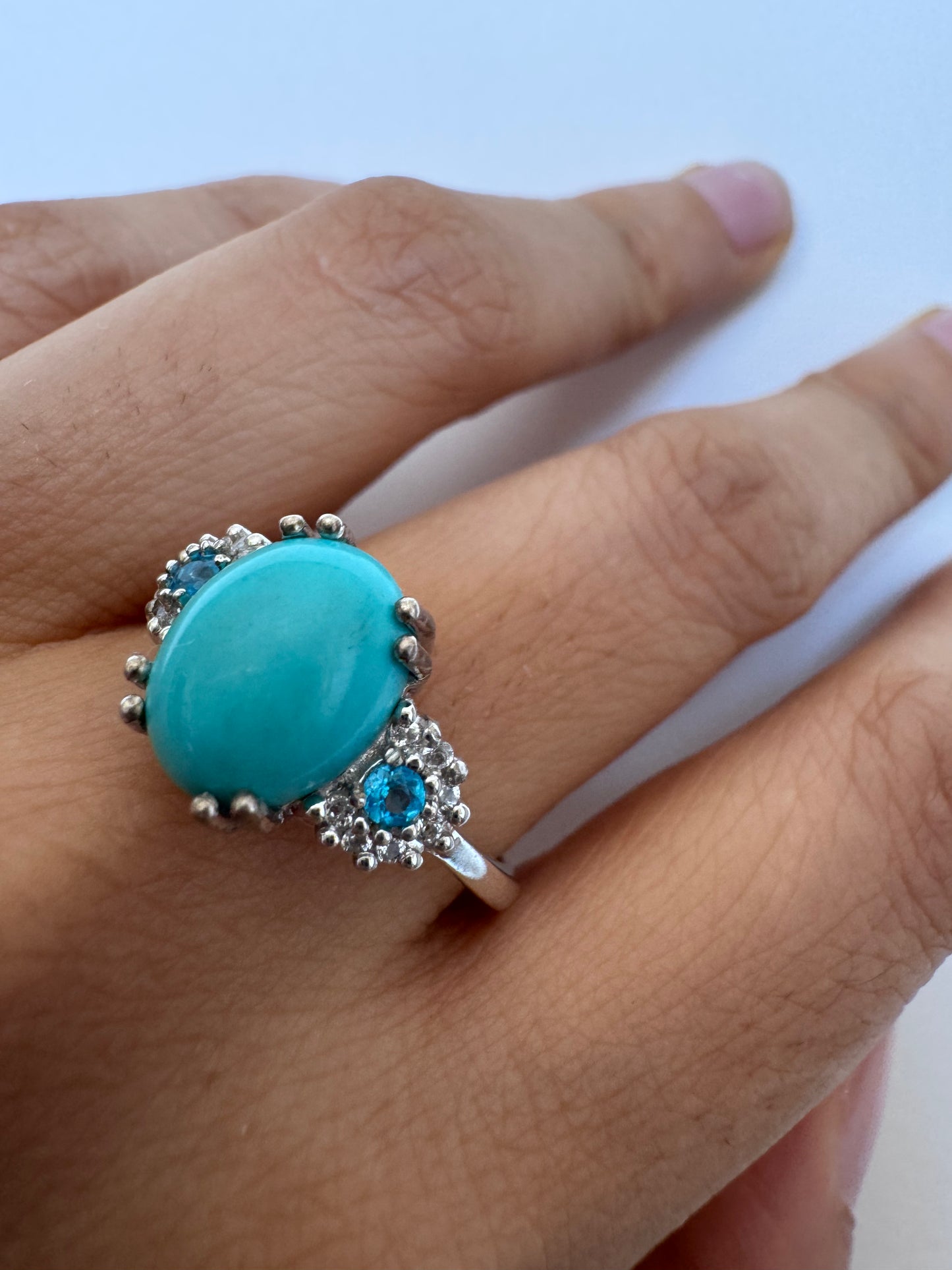 Turquoise Cab Oval Shape with Neon Apatite & White Topaz Round Genuine Gemstone in 925 Sterling Silver