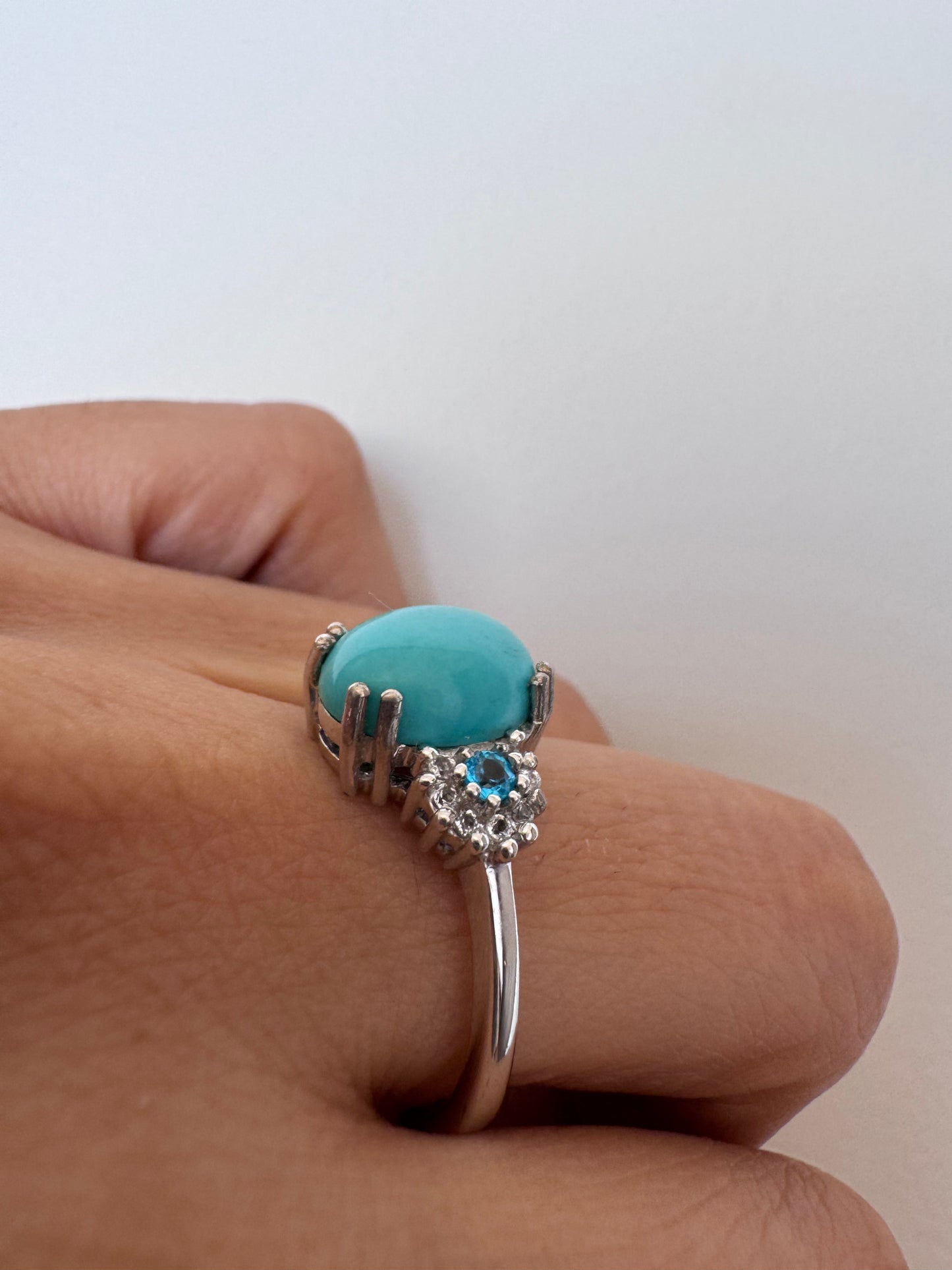 Turquoise Cab Oval Shape with Neon Apatite & White Topaz Round Genuine Gemstone in 925 Sterling Silver