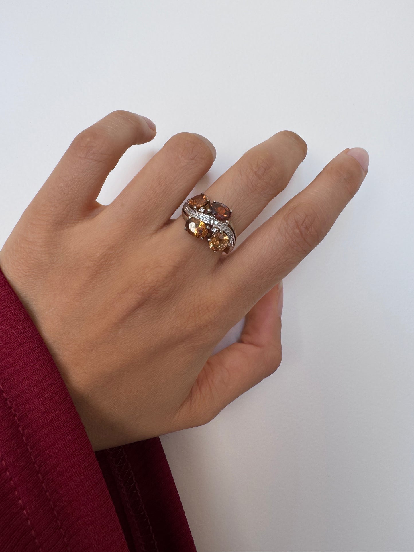 Brown Natural Zircon Oval & Round Shape Ring with White Natural Zircon Genuine Gemstone in 925 Sterling Silver