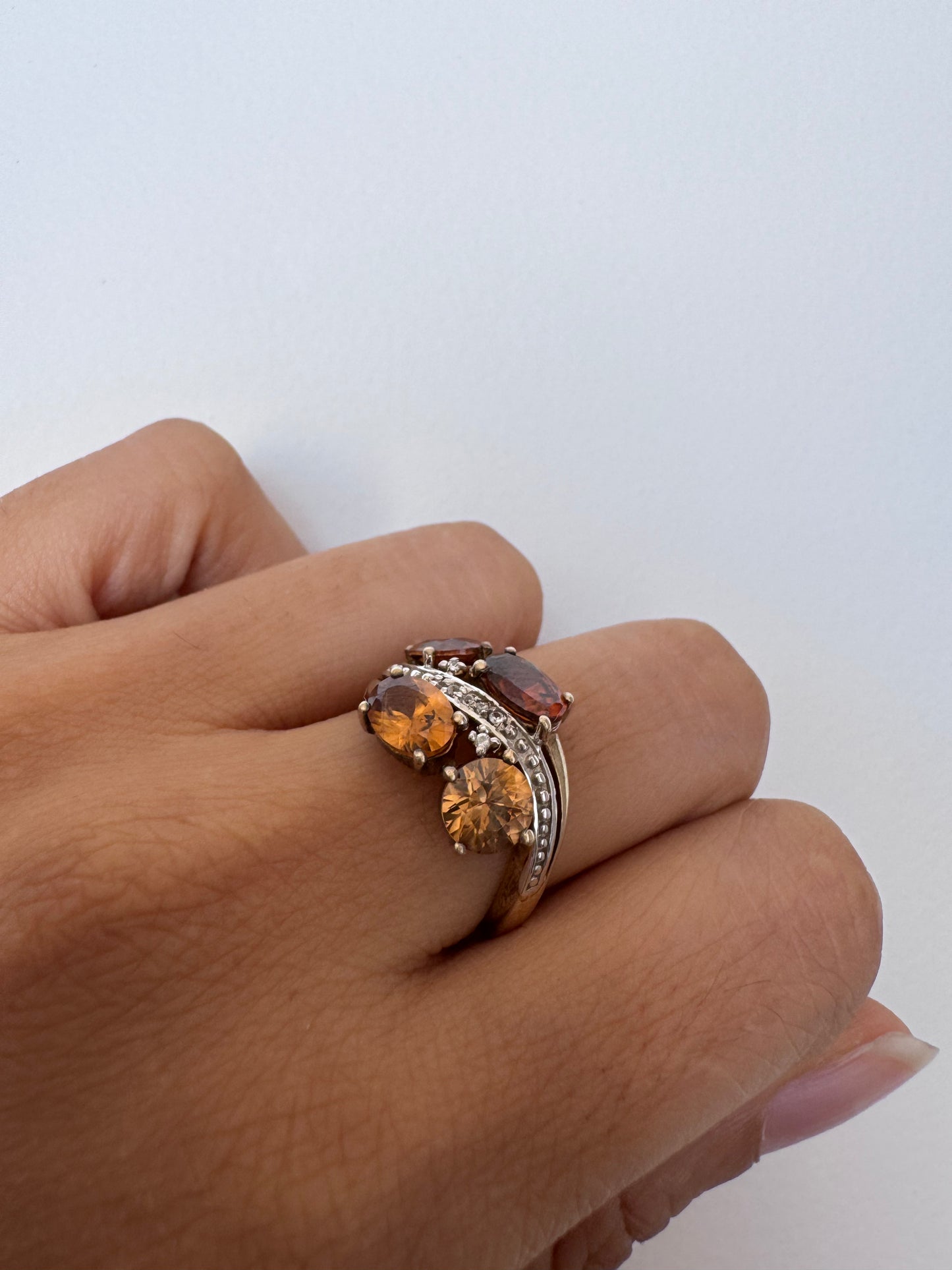 Brown Natural Zircon Oval & Round Shape Ring with White Natural Zircon Genuine Gemstone in 925 Sterling Silver