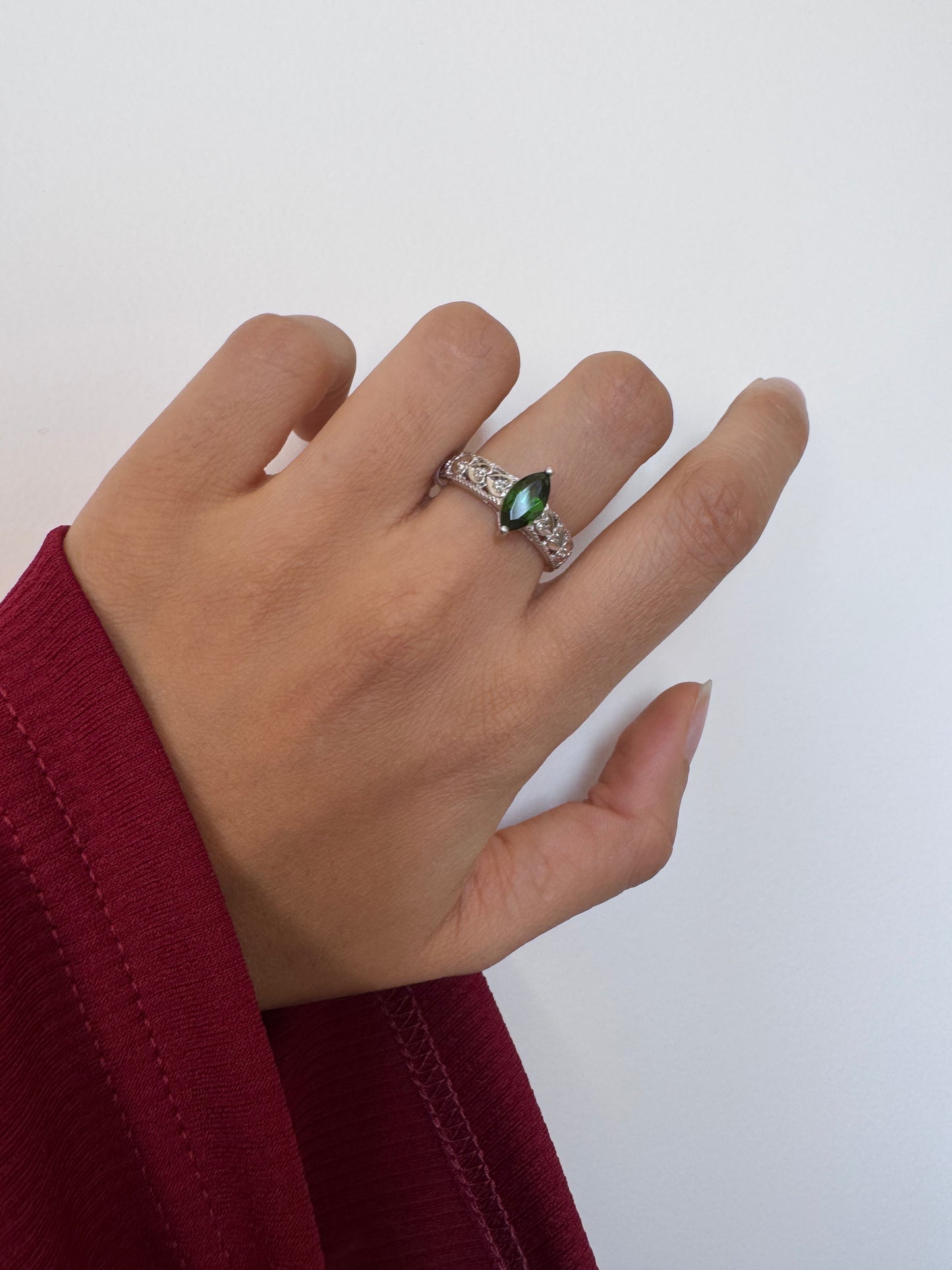 Chrome Diopside Marquise Shape Ring with White Diopside Genuine Gemstone in 925 Sterling Silver