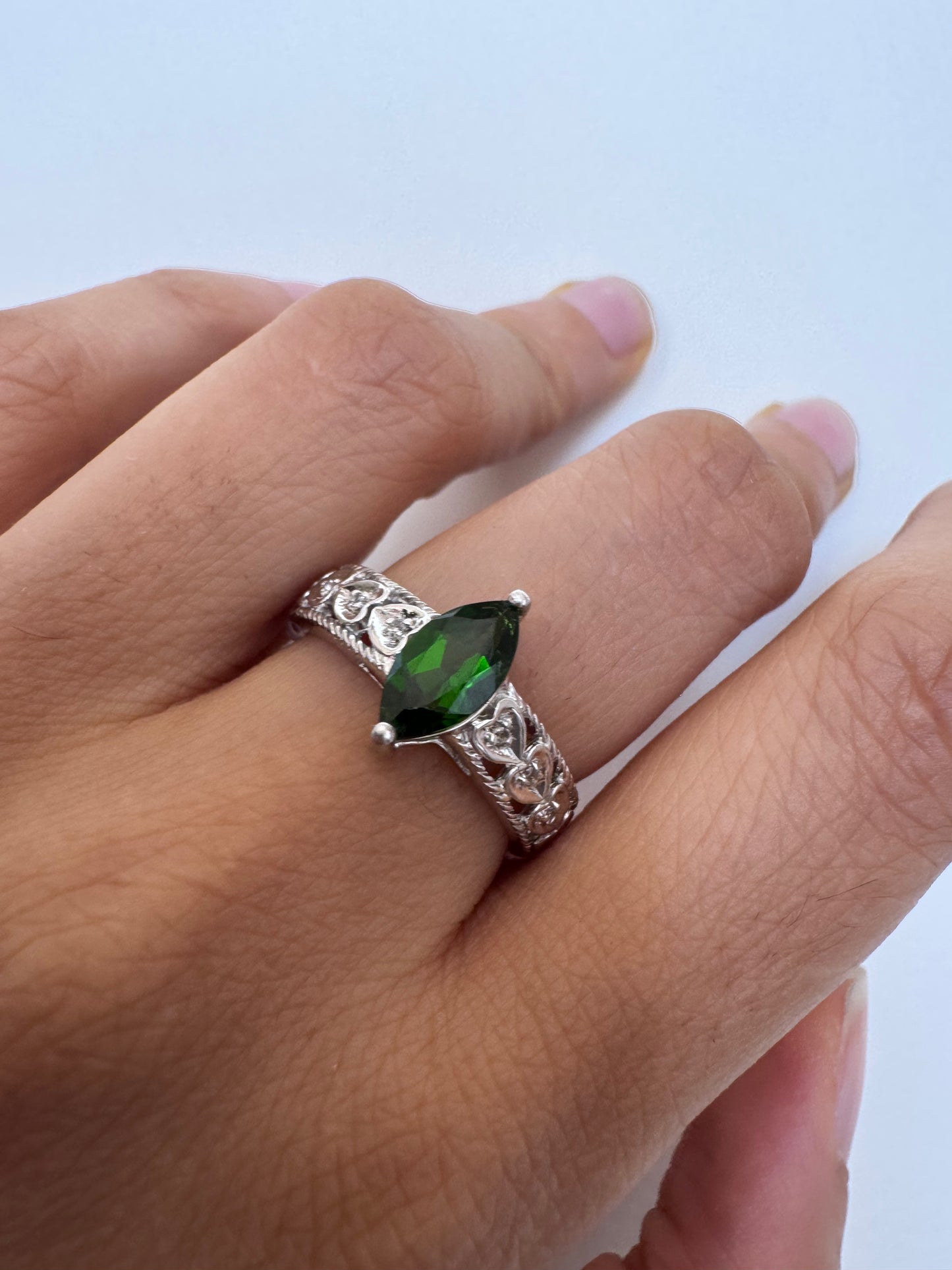 Chrome Diopside Marquise Shape Ring with White Diopside Genuine Gemstone in 925 Sterling Silver