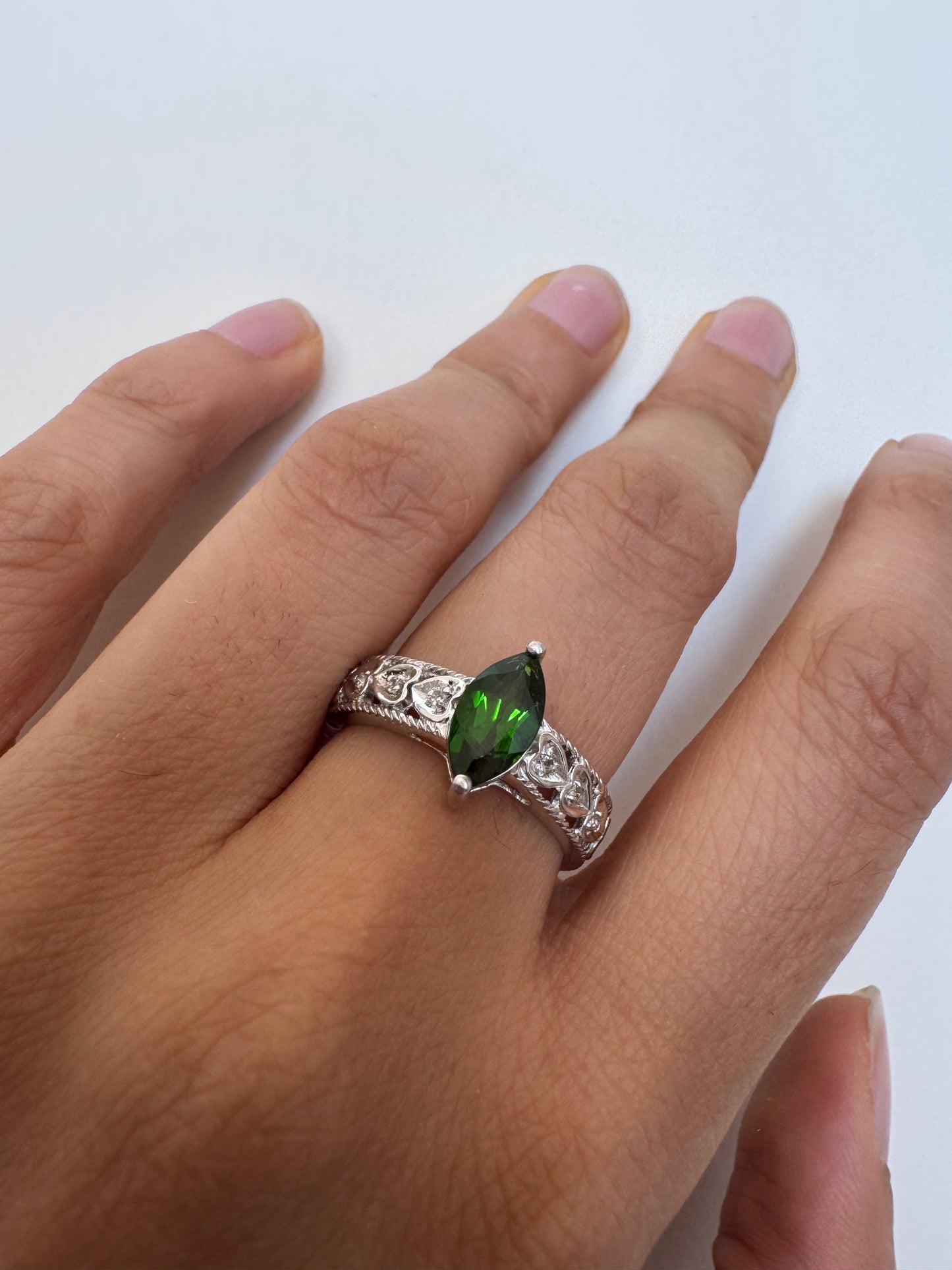 Chrome Diopside Marquise Shape Ring with White Diopside Genuine Gemstone in 925 Sterling Silver