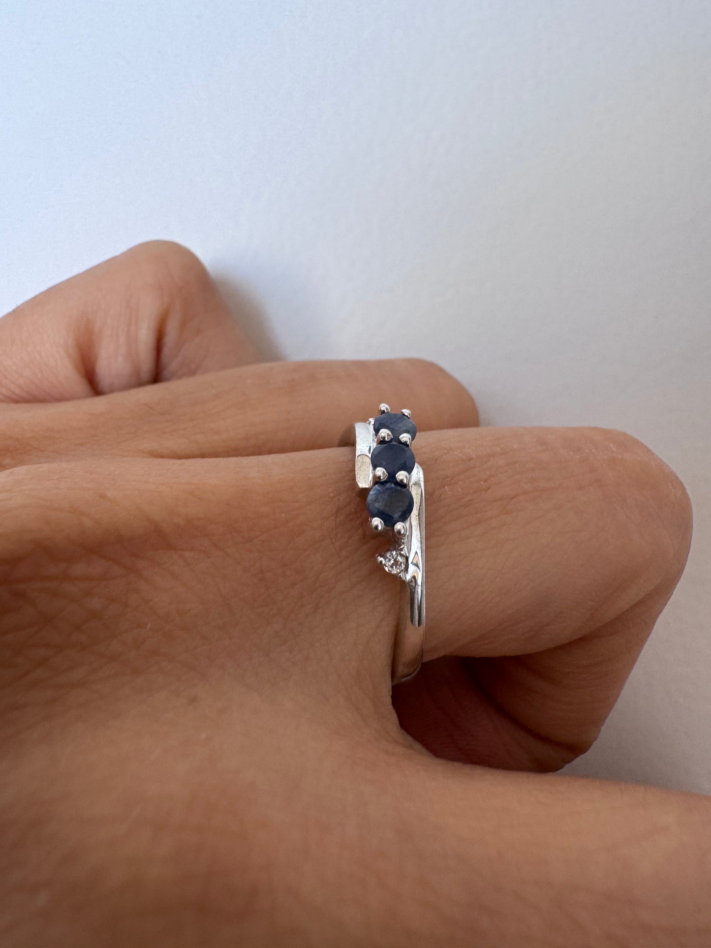 Blue Sapphire Round Shape Ring with White Topaz Round Genuine Gemstone in 925 Sterling Silver