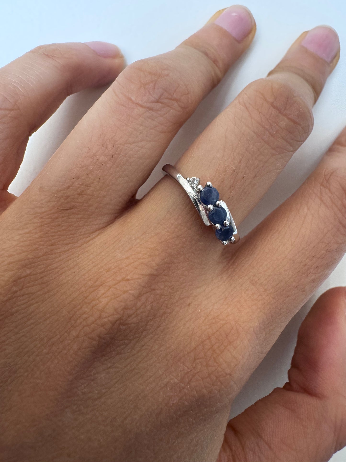 Blue Sapphire Round Shape Ring with White Topaz Round Genuine Gemstone in 925 Sterling Silver