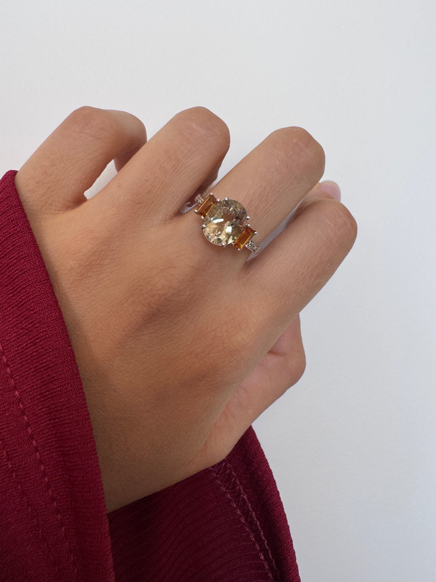 Scapolite Oval Shape Ring with Citrine Baguette Genuine Gemstone in 925 Sterling Silver