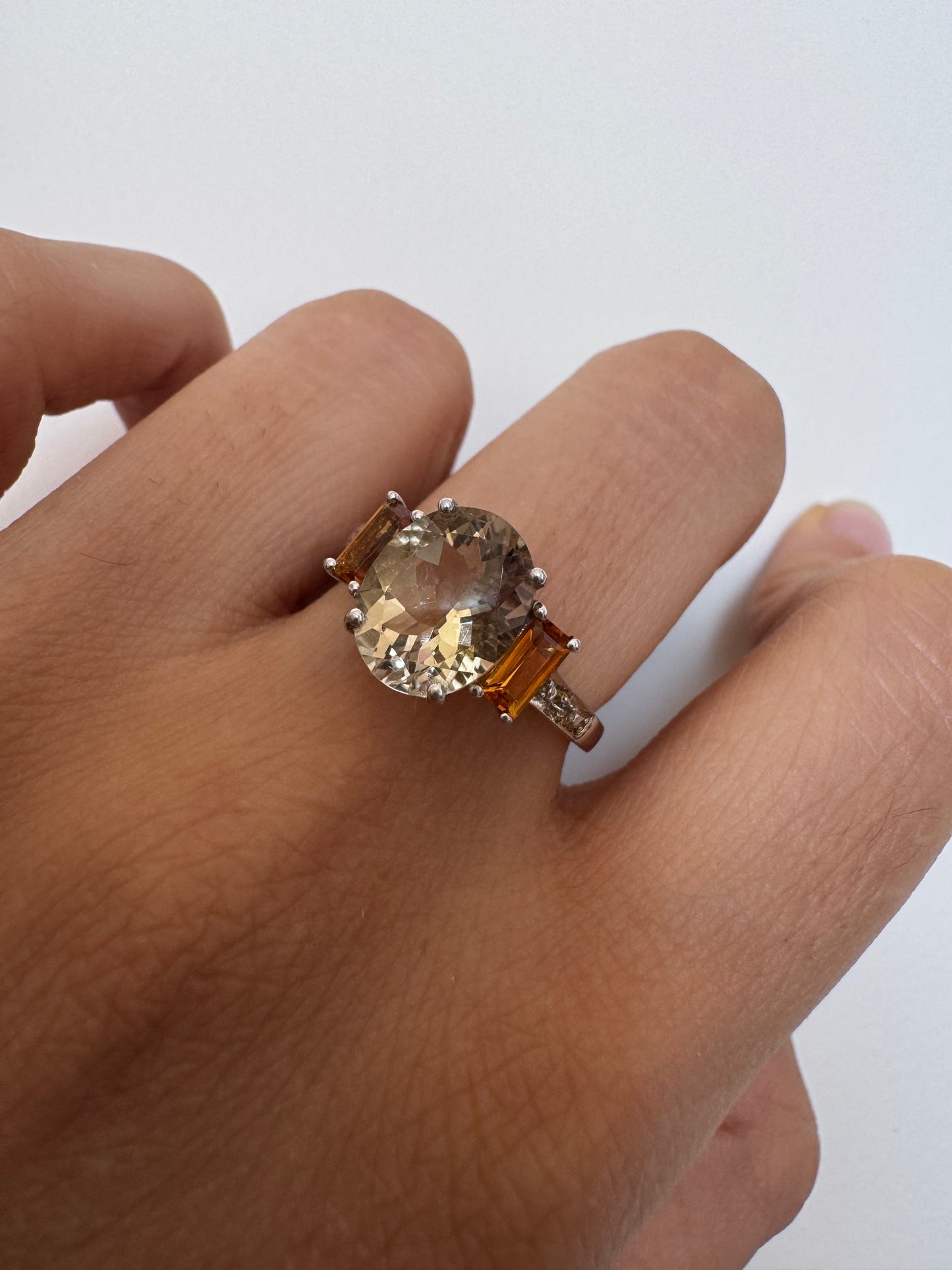 Scapolite Oval Shape Ring with Citrine Baguette Genuine Gemstone in 925 Sterling Silver