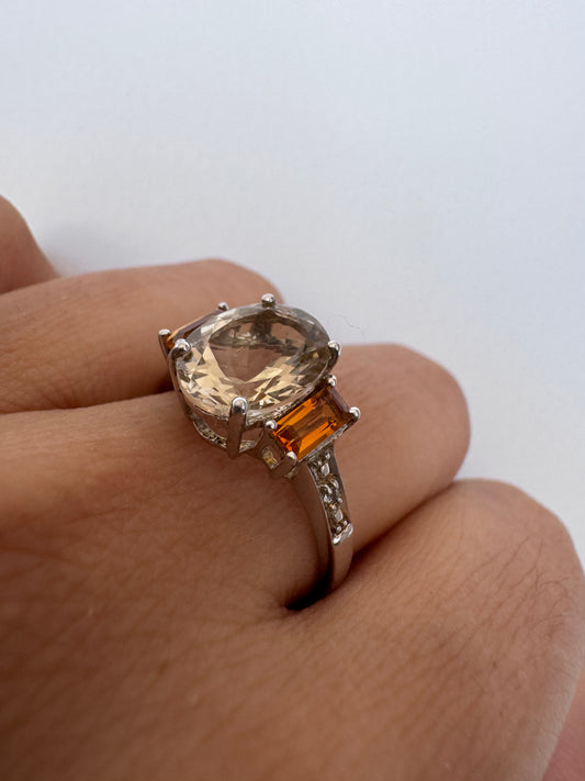 Scapolite Oval Shape Ring with Citrine Baguette Genuine Gemstone in 925 Sterling Silver