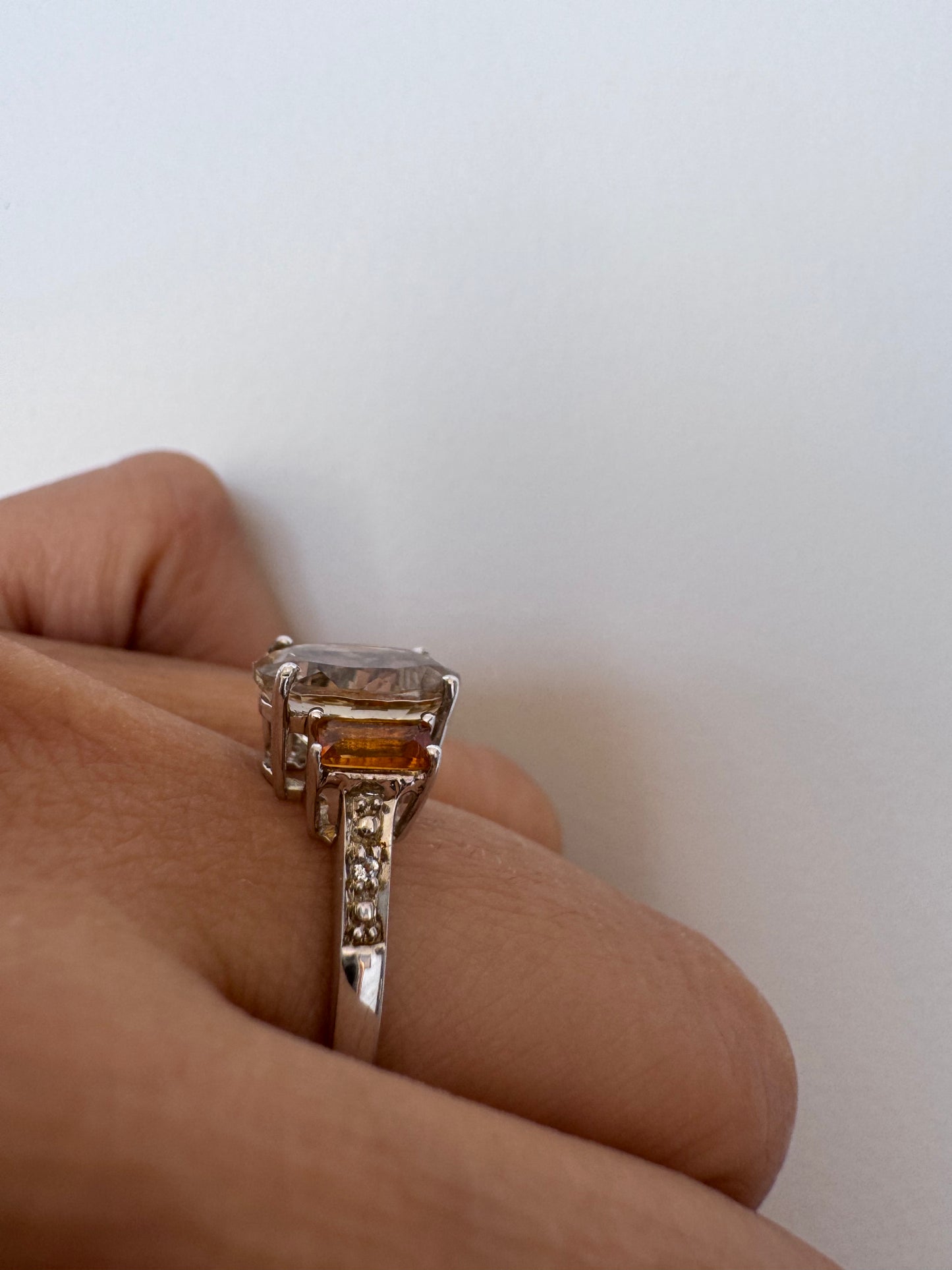 Scapolite Oval Shape Ring with Citrine Baguette Genuine Gemstone in 925 Sterling Silver