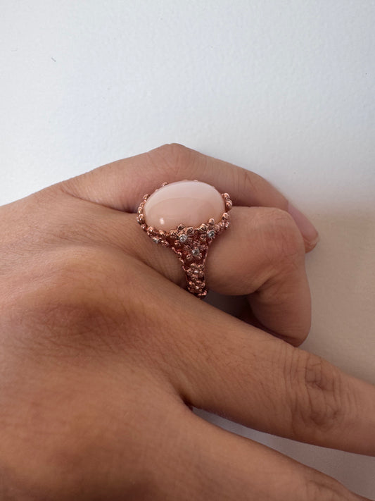 Pink Opal Cab Oval Shape Ring with White Natural Zircon Round Genuine Gemstone in 925 Sterling Silver