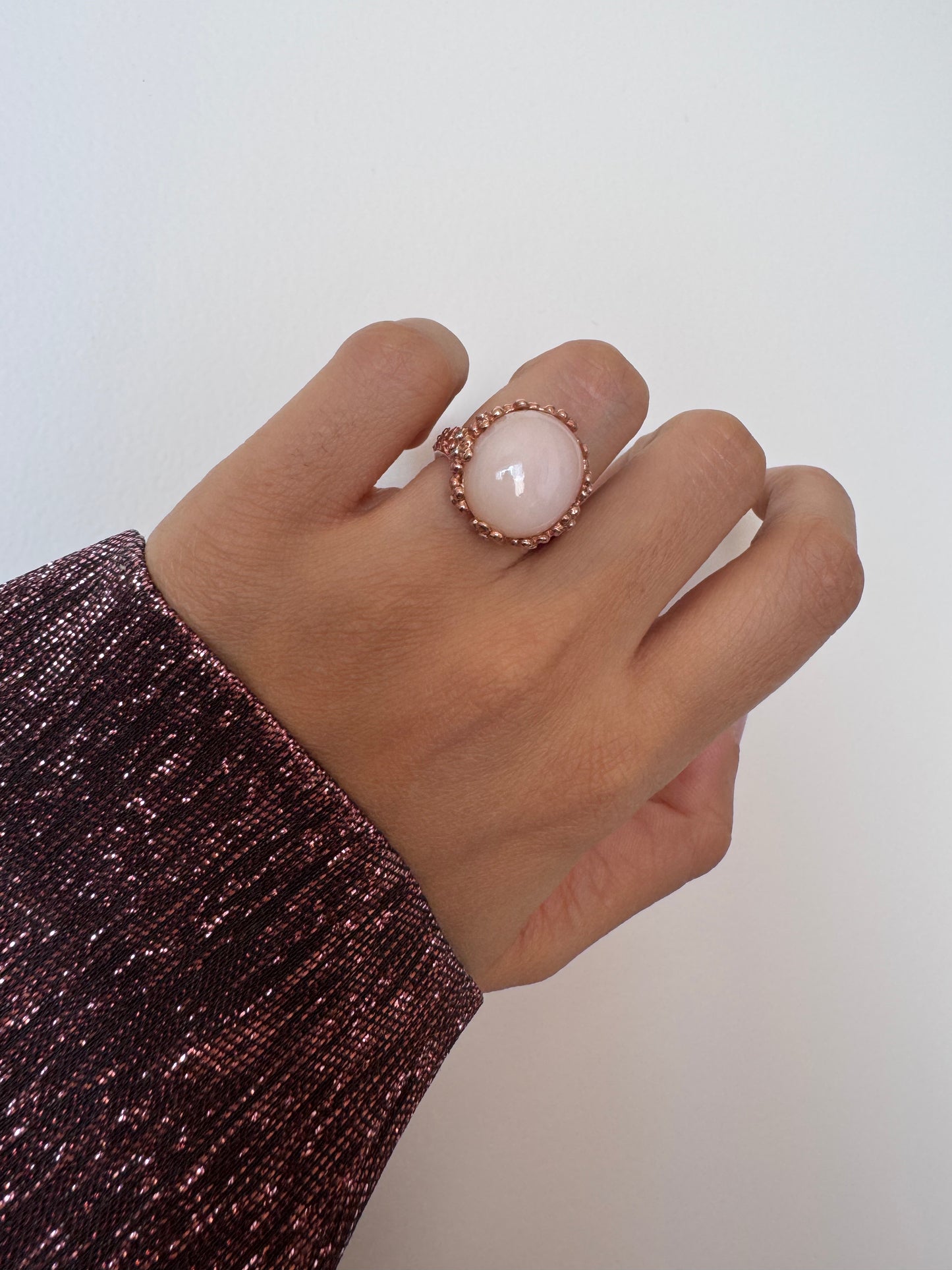 Pink Opal Cab Oval Shape Ring with White Natural Zircon Round Genuine Gemstone in 925 Sterling Silver